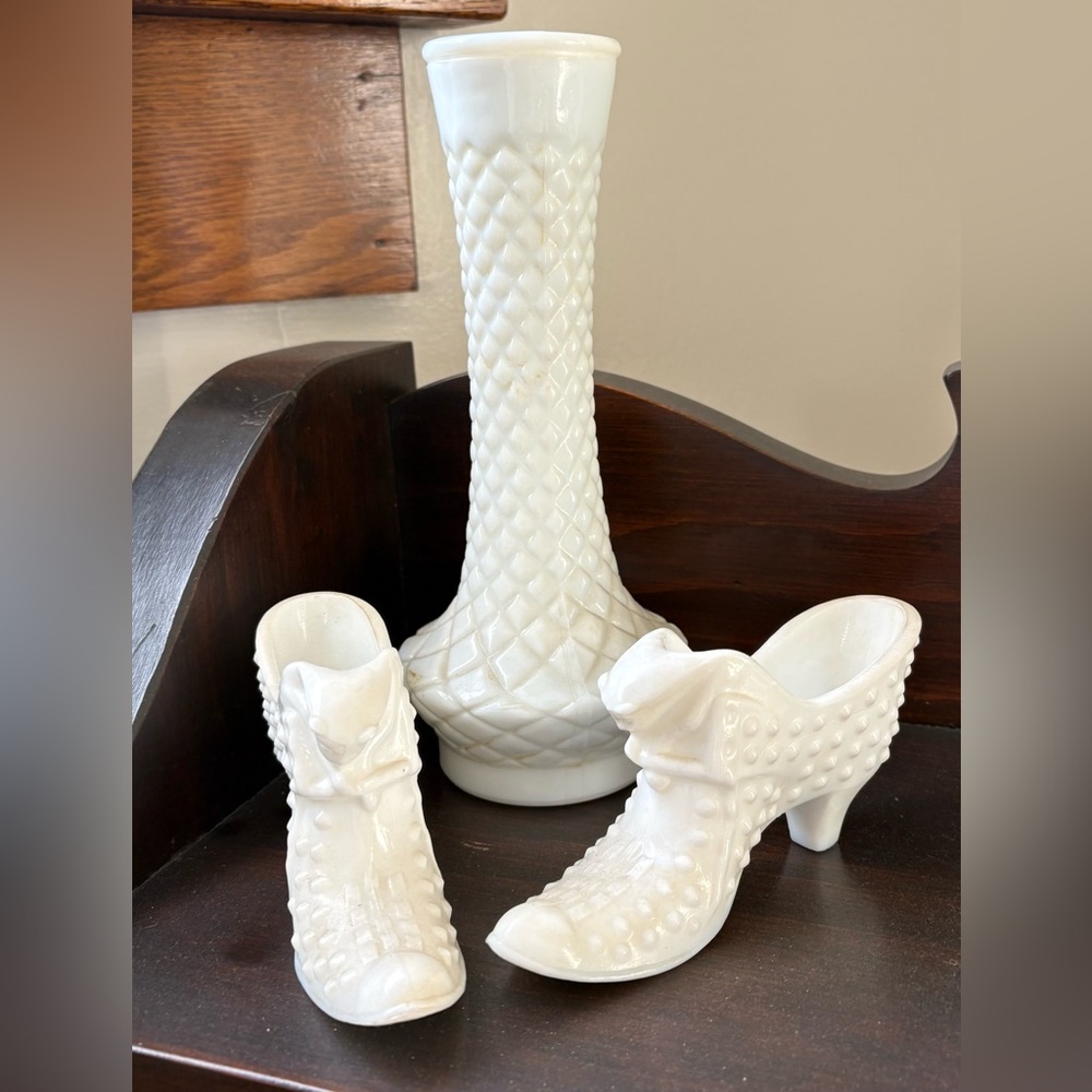 Milk Glass Ceramic Vase and Shoe Set